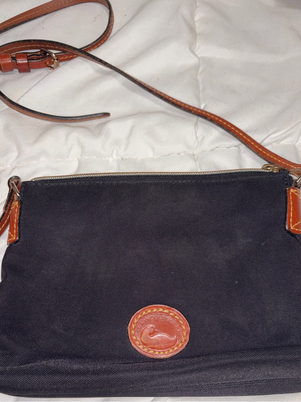 Dooney & Bourke Black Crossbody with Brown Leather Trim and Logo Patch